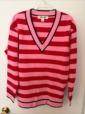 Diane Von Furstenberg Red and Pink Striped V-Neck Sweater